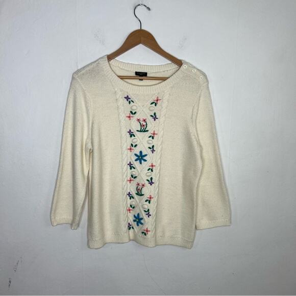 Talbots Ivory Cableknit Floral Embroidered Pom Pom Sweater Size LP - Picture 12 of 12